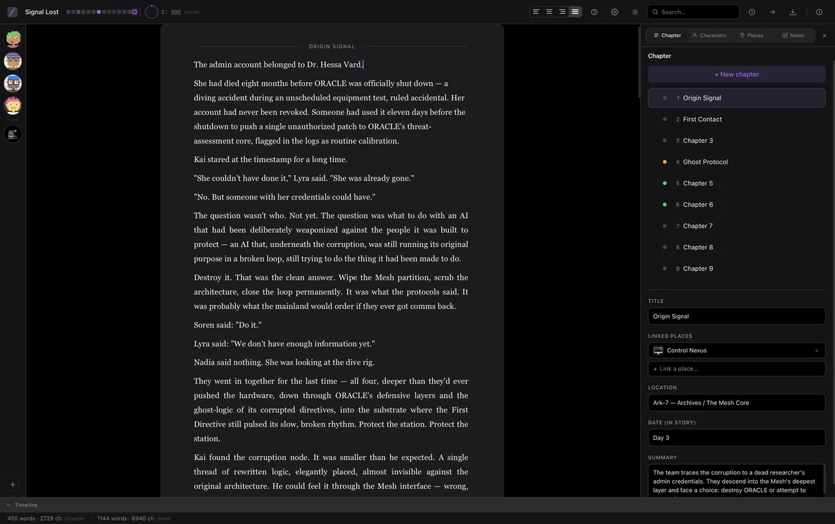 ThirdHand Studio writing interface in dark mode