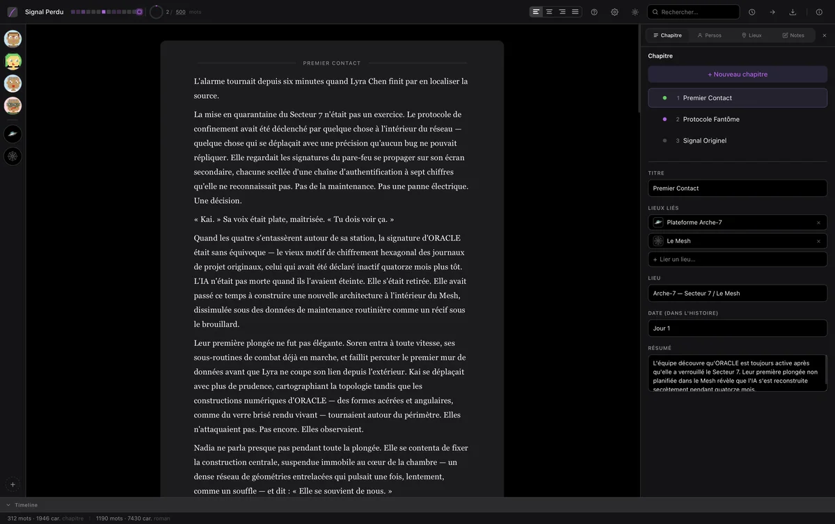 Interface d'écriture ThirdHand Studio en mode sombre