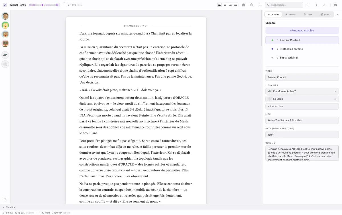 Interface d'écriture ThirdHand Studio en mode clair